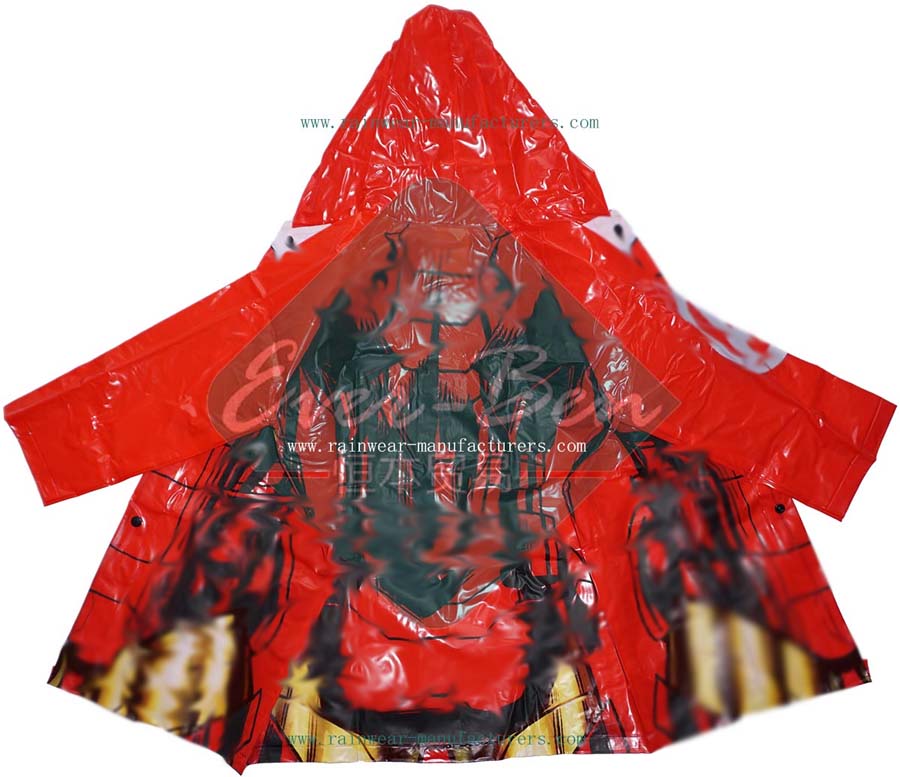 PVC Kids Raincoats with Large Printing-Boys Red PVC Festival Rain Mac Manufactory